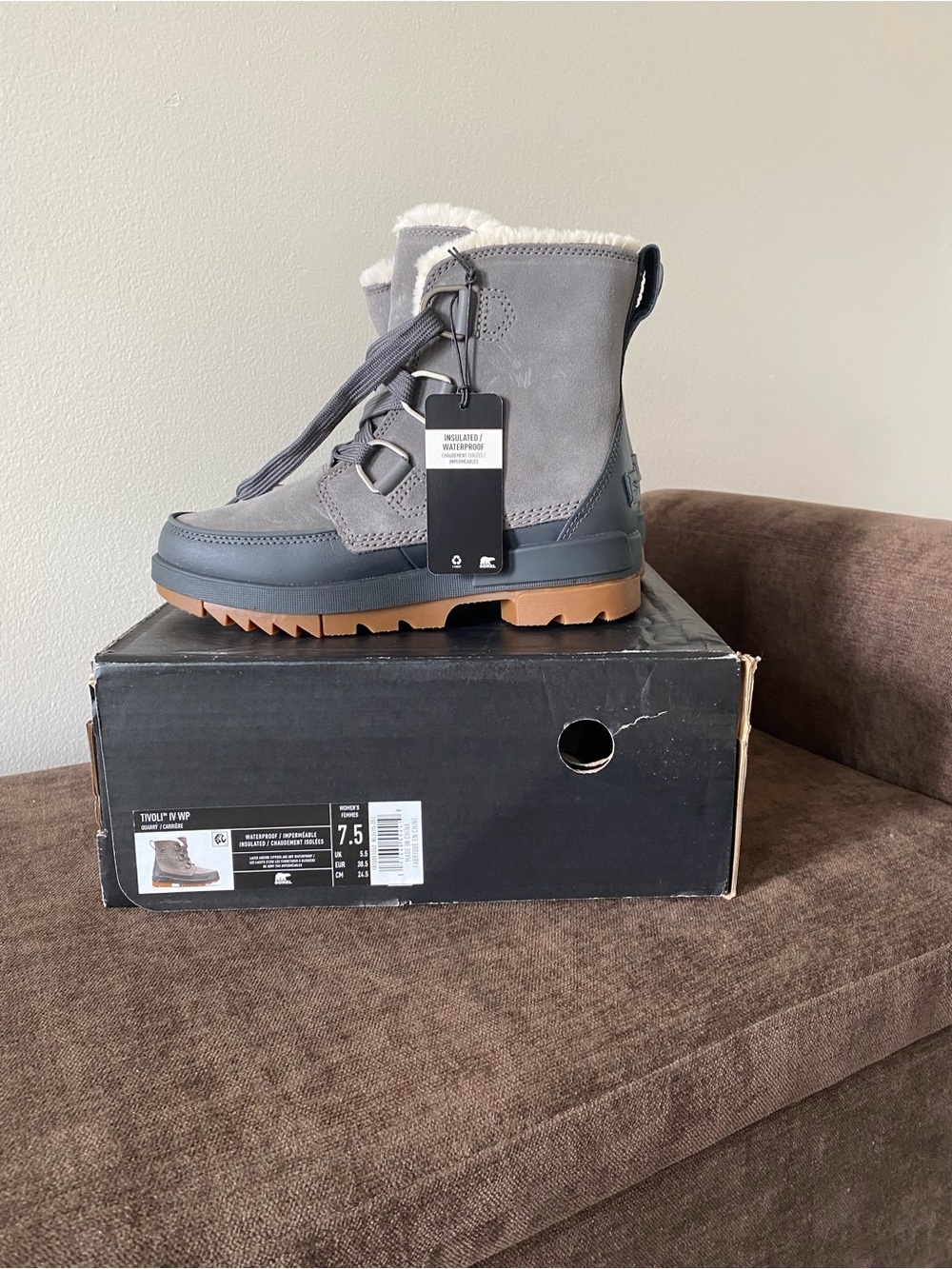 Sorel Gray Lace-Up Winter Boot with Tan Sole-waterproof insulated